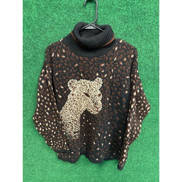 Vintage Basic Editions Cheetah Leopard Pattern Turtleneck Knit Sweater USA Made - Picture 1 of 7